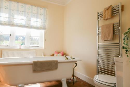 baño con bañera, aseo y ventana en Huntlands Farm Bed & Breakfast en Bromyard