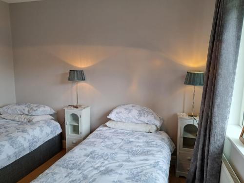 two beds in a small room with two lamps at 1 Cartrun Breac N39D7H6 Opposite Longford Rugby Club - See the Yellow Door in Longford