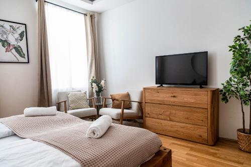 a bedroom with two beds and a flat screen tv at Garden Apartment, Close to Schönbrunn in Vienna