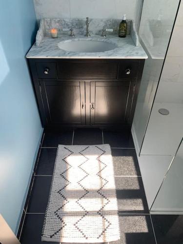 La salle de bains est pourvue d'un lavabo et d'un tapis de bain. dans l'établissement Appartement très confortable le Renaissance entre Paris et CDG, à Écouen