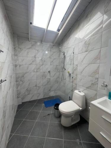 uma casa de banho com um WC, um chuveiro e um lavatório. em San Marcos Envigado Medellin em Envigado