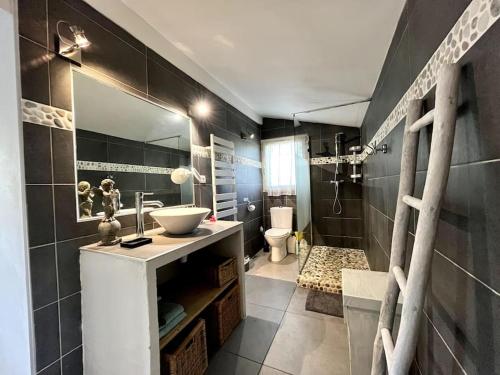 Appartement dans Mas Provencal في Grans: حمام مع حوض ومرحاض