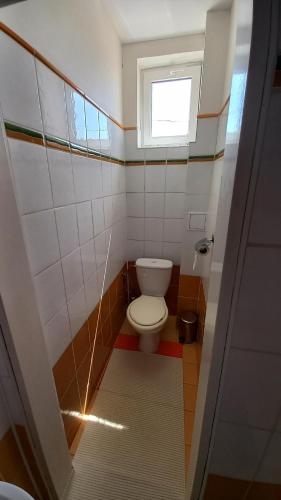 a small bathroom with a toilet and a window at Penzión Stefanie in Vinné