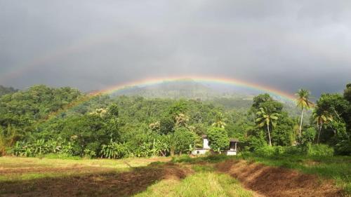 a rainbow over a field with a house and trees at Spiritual Nature Farm - Sri Lanka in Matale