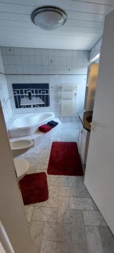 a bathroom with a tub and two sinks and red rugs at Traumlage mit Traumblick in Heppenheim an der Bergstrasse