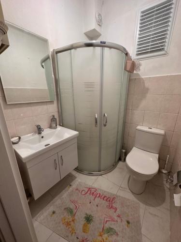 a bathroom with a shower and a toilet and a sink at Bomontide metroya çok yakın şirin daire in Istanbul