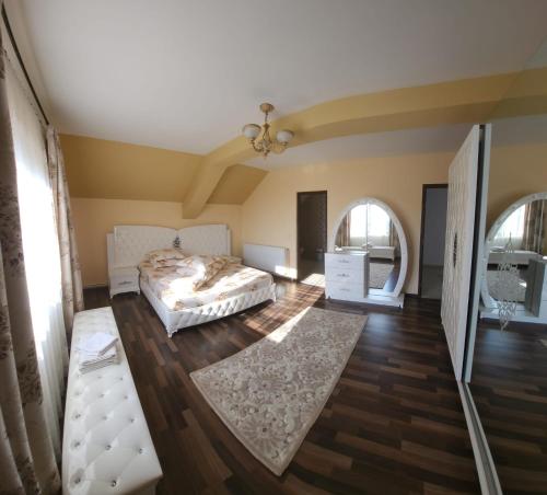a bedroom with a bed and wooden floors and windows at Pensiunea Novis in Novaci