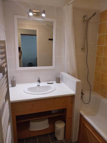La salle de bains est pourvue d'un lavabo, d'une baignoire et d'un miroir. dans l'établissement Appartement Hauteurs Super Besse - 4 personnes -Piscine & Garage, à Besse-et-Saint-Anastaise