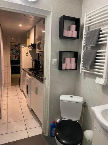 La salle de bains est pourvue de toilettes, d'un lavabo et d'un réfrigérateur. dans l'établissement Central Flat for 7, à Paris