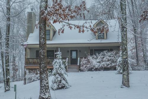 a house covered in snow in the woods at Sparkys Lodge in McHenry