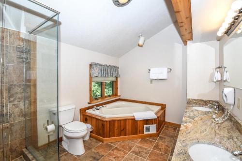 a bathroom with a tub and a toilet and a sink at Slip Away Chalet in McHenry