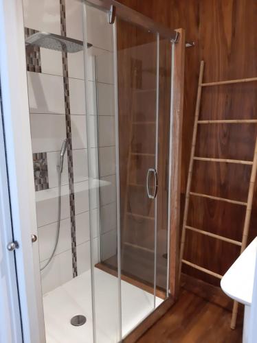 une douche avec une porte vitrée dans une salle de bain dans l'établissement Gaou - Villa ONEIROS, paisible avec piscine & vue mer, à Bormes-les-Mimosas