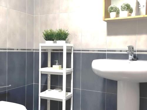 a bathroom with a sink and a white shelf with plants at Cálido apartamento. Tenerife. WiFi. in Arafo
