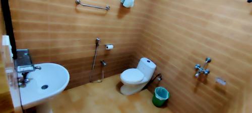 a bathroom with a toilet and a sink at Hotel Rhino Land, Sauraha in Sauraha