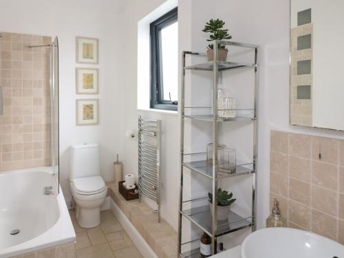 a bathroom with a toilet and a tub and a sink at Ash Tree House in Salcombe