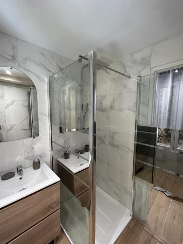 une salle de bain avec une douche, un lavabo et un miroir dans l'établissement Appartement au cœur du village, à Malaucène