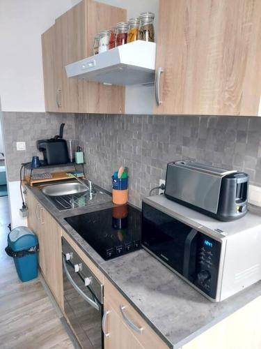 una cucina con forno a microonde e piano cottura forno superiore di Dodo 3 appartement hyper centre a Huy