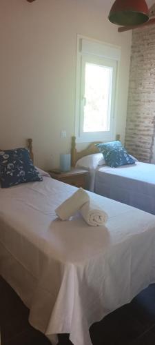 een kamer met 2 bedden en een raam bij La Casona del Asno in Alcalá de Henares