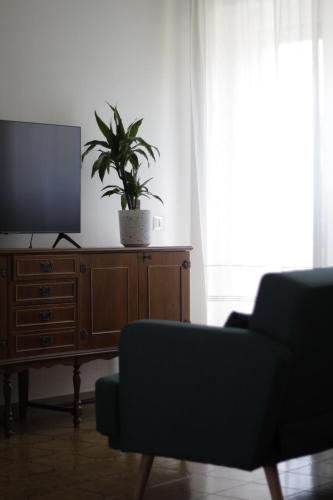 a living room with a tv and a plant on a dresser at Santa Faustina Holy Apartment in Porto Ercole