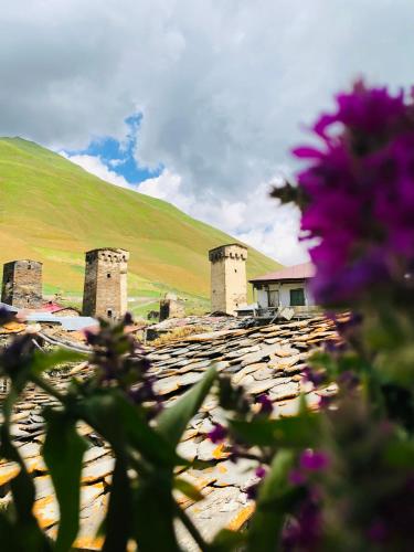 a bunch of flowers in front of a castle at Ela in Ushguli