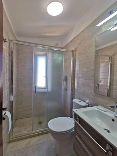 a bathroom with a shower and a toilet and a sink at Paradiso Marino in Scalea