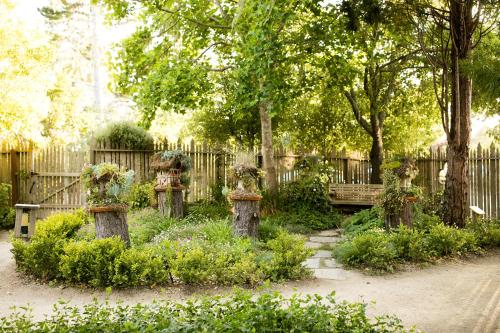 a garden with trees and a fence and a bench at Cambria Pines Lodge in Cambria