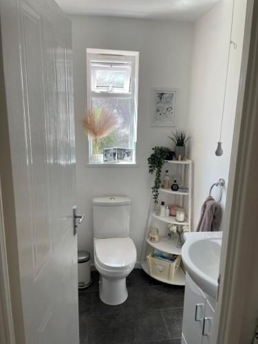 a white bathroom with a toilet and a sink at 4 bed Family home in Bicester in Bicester