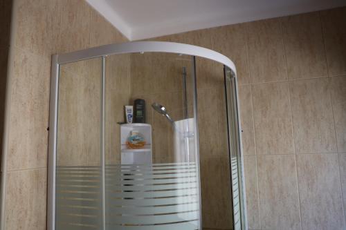 y baño con ducha y mampara de cristal. en cerca do casal en Santo Tirso