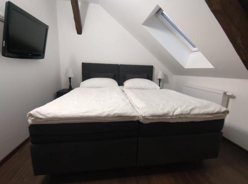 a bedroom with a bed and a tv in a attic at Penzion Na Protivínské in Strakonice