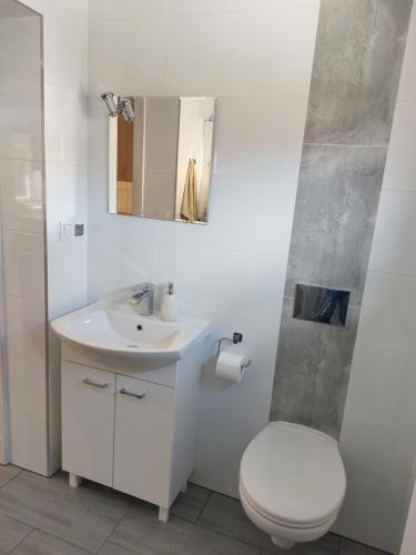 a white bathroom with a sink and a toilet at Agroturystyka ,Jarzębina' in Harkabuz