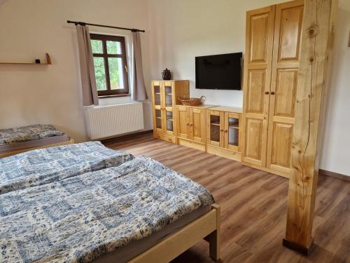 a bedroom with a bed and a flat screen tv at Ubytování U Bohouše in Horní Radouň