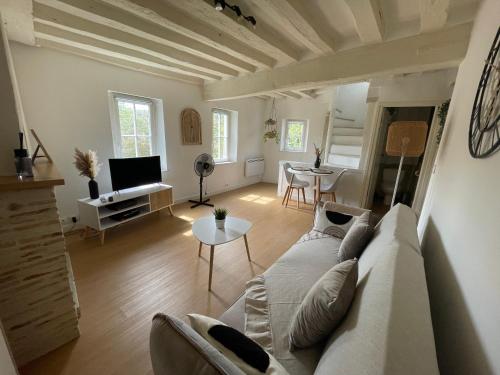 a living room with a couch and a table at Charmant Duplex - Parking inclus - Au bord de l'Eure in Chartres