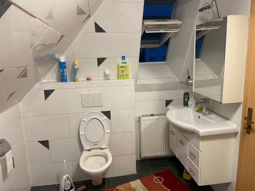 een kleine badkamer met een toilet en een wastafel bij 1 Zimmer mit Bad und Küche in Aalen in Aalen