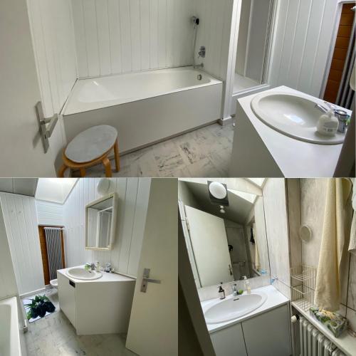 a bathroom with a tub and a sink and a toilet at Monteur-, Ferienhaus für 7 Personen vor den Toren Hamburgs in Ellerau