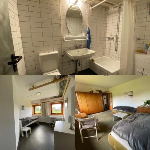 two pictures of a bathroom and a bedroom at Monteur-, Ferienhaus für 7 Personen vor den Toren Hamburgs in Ellerau
