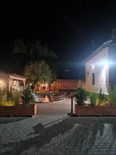 a building with a light on the side of it at night at Conacul Ancuței in Brad