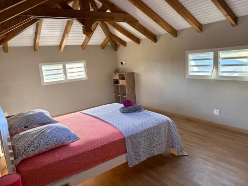1 dormitorio con 1 cama y 2 ventanas en VILLA FLEUR DE LYS Piscine Barbecue Babyfoot Jeux société, en Saint-François