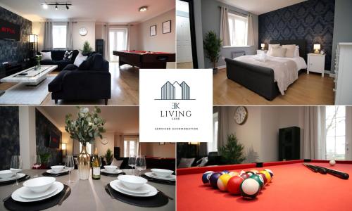 a collage of photos of a living room and a room at Spacious 3 Bedroom Duplex Apartment On Cardiff Bay - Free Private Parking - By EKLIVING LUXE in Cardiff