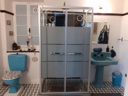 uma casa de banho com uma cabina de duche em vidro e um lavatório. em Rêve du Revert em Roz-sur-Couesnon