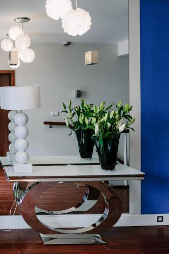 two plants on a console table with a lamp at Willa Plażowa in Międzyzdroje