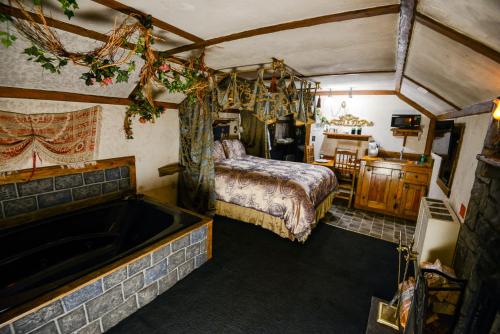 um quarto com uma cama e uma banheira em Castle Wood Theme Cottages- COUPLES ONLY em Big Bear Lake