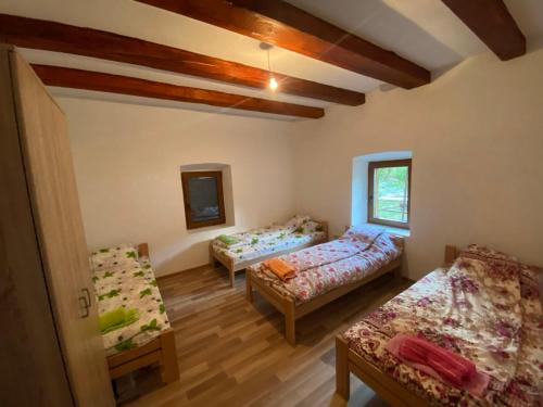 sala de estar con 2 camas y ventana en Shpija e Gjyshit Vuthaj, en Gusinje