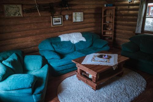 a living room with two couches and a coffee table at Cabana Bendis in Râşnov