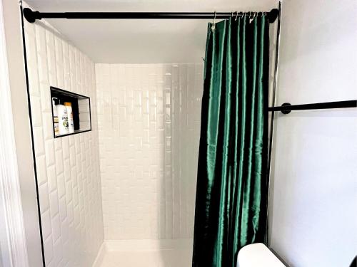 a shower with a green shower curtain in a bathroom at 1 Bed 1 Bath Basement Apartment with Private Entrance in Baltimore