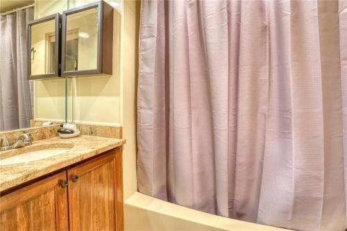 a bathroom with a shower curtain and a sink at Chalet 141 - Peaceful wooded views cozy interiors plus wifi in Marblehill