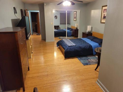 ein Schlafzimmer mit einem Bett, einer Kommode und einem TV in der Unterkunft Great Chicago getaway, 2 bedrooms. Sleeps 4 to 6 in Chicago