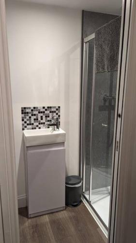 a small bathroom with a sink and a shower at Oak Tree View - relax, reconnect, explore or work in East Harling