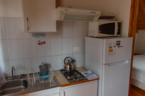 a small kitchen with a white refrigerator and a sink at Departamentos Aquario Papudo in Papudo