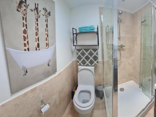 łazienka z toaletą i prysznicem w obiekcie 2 bed Home From Home Apartments w Londynie