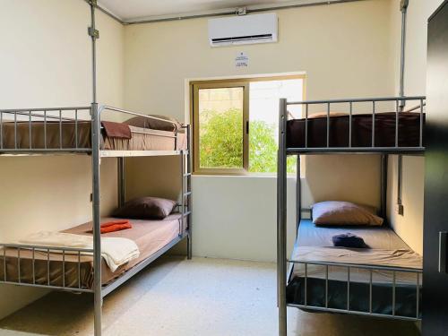a room with three bunk beds and a window at Ommi Hostel in St Julian's